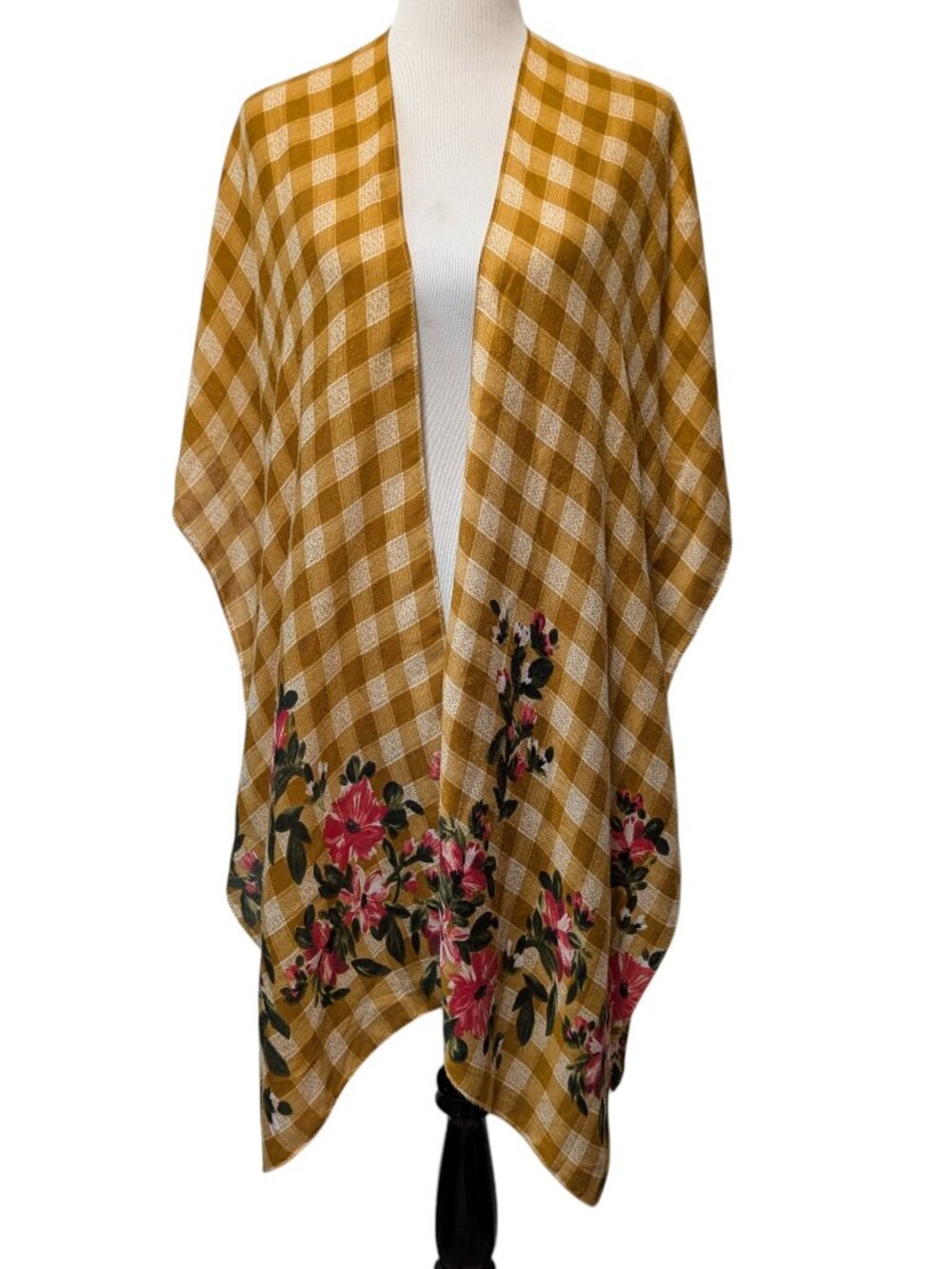 Do Everything In Love Womens OS Audrey Gold Plaid Floral Open Front Kimono Top